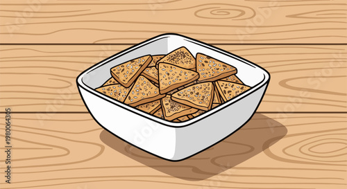A white bowl filled with triangular crackers on a wooden table