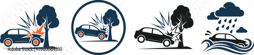 Four different icons depicting car accidents: crashing into a tree and driving into water.
