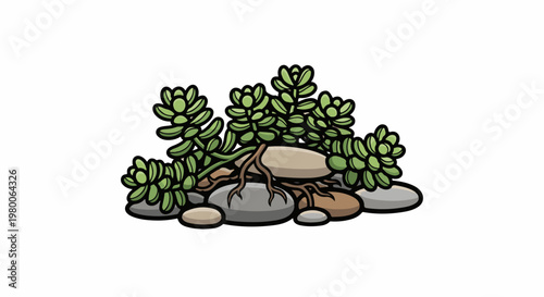 Lush green succulent plants sprout from smooth river stones, roots visible