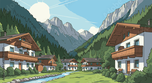 Alpine village nestled in a valley with mountains and a stream