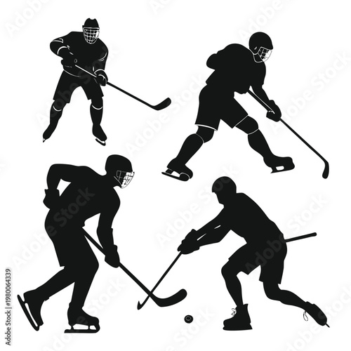 Photography Silhouettes of ice hockey players in action showcasing dynamic skating and stick