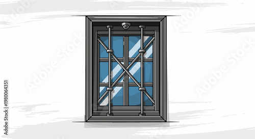 A barred window with a security camera and reflections