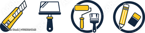 Home repair and construction tools icons including utility cutter scraper paint roller brush and pencil with eraser set.