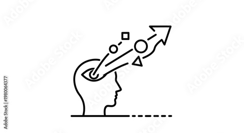 Head silhouette displays abstract geometric shapes and an upward arrow originating from the eye to symbolize the creative process of developing new business strategies and innovative mental growth.
