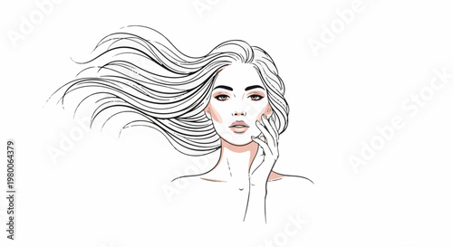 Elegant woman with flowing hair, soft pink blush, and a gentle touch