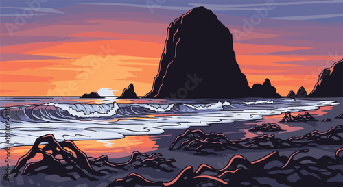 Pixel art ocean sunset with large rock formations and rolling waves