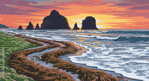 Pixel art sunset over a rocky beach with waves crashing ashore