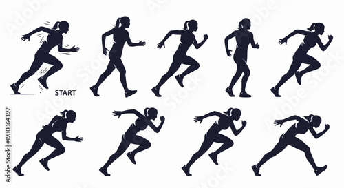 Silhouette sequence of female runner in various stages of sprint