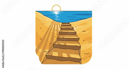 Sand dune steps lead to calm ocean under sunlit sky