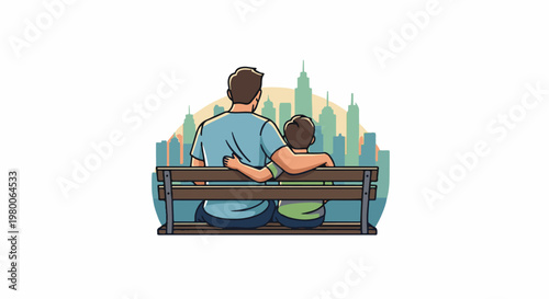 Father and son on a bench, watching city skyline at sunset