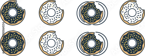 Set of donuts in various styles with different toppings and bites, isolated on transparent background.