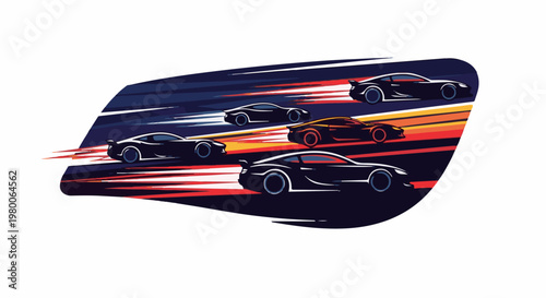 A group of fast racing cars on a dark track with streaks of light