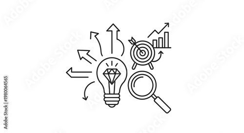 Lightbulb icon featuring a diamond center is surrounded by a target, a magnifying glass, and rising arrows to represent the strategic process of discovering valuable business insights and innovation.