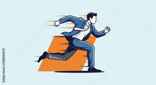 A stylized man in a blue suit runs with speed lines
