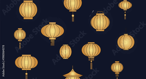 Various golden oriental lanterns dangle against a deep blue background
