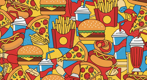 A vibrant, graphic collage of popular fast food items, in a bold, flat illustration style