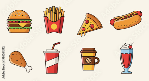 Stylized vector icons of popular fast food items arranged in a grid