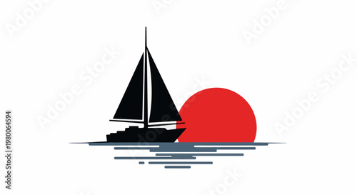 Black sailboat on calm water with red sun