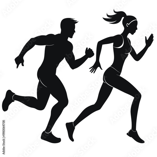 A dynamic black silhouette depicts a man and woman actively running together showcasing athleticism