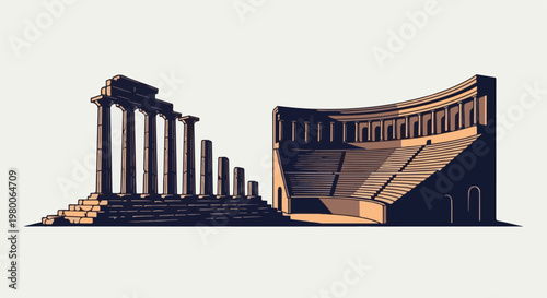 Ancient stone ruins and amphitheater illuminated by soft sunlight