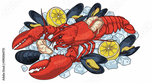 A vibrant illustration of a whole cooked lobster surrounded by mussels, lemon slices, and ice cubes