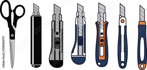 Stationery and cutting tools set scissors and utility knives office supplies and craft tools for paper cutting vector.