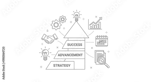 Strategy diagram visualizes the structured path toward professional success through organized steps including goal setting, handshake agreements, data analysis, and lightbulb moments for innovation.