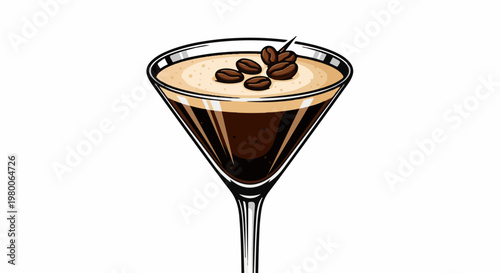 A martini glass filled with dark brown liquid and foam, topped with coffee beans