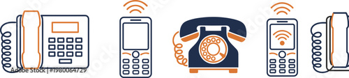 Set of various telephone devices, including landline and mobile phones with wifi signal.