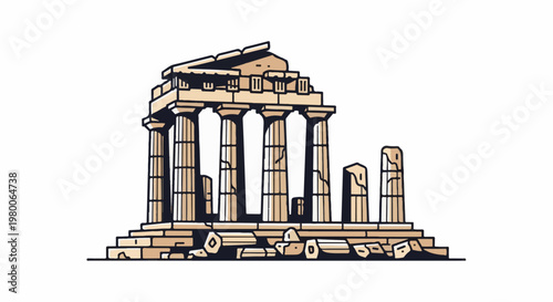 Stylized illustration of a damaged ancient temple structure on a white background
