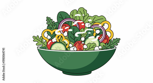 Vibrant, fresh salad with lettuce, tomatoes, cucumbers, onions, peppers, and feta