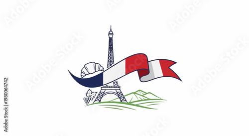 Stylized Paris skyline with flag, croissant, grapes, and rolling hills