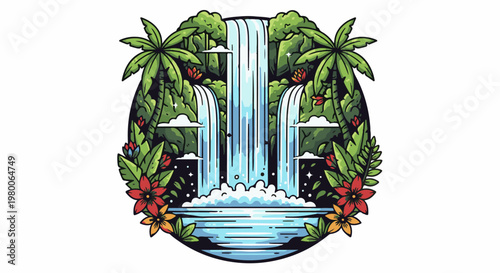 Vibrant tropical scene with cascading waterfalls, lush foliage, and exotic flowers