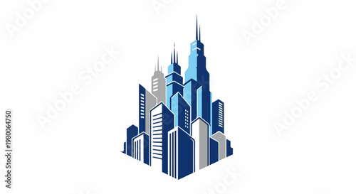 Isometric city skyline with skyscrapers in shades of blue and gray