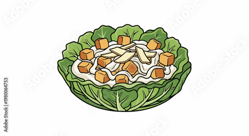A cartoon-style bowl of salad with lettuce, croutons, and shaved cheese