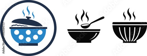 Three different icons showing hot food: a blue pot in a circle and two bowls of steaming soup.