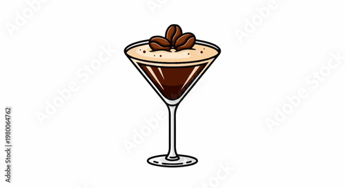 Dark brown liquid in martini glass topped with creamy foam and coffee beans
