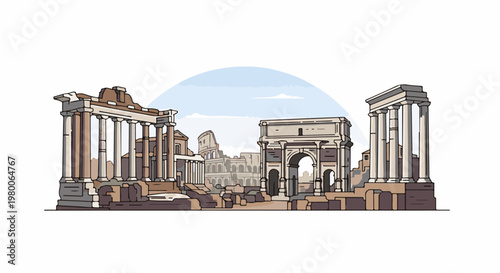 Ancient Roman ruins with iconic structures under a sky