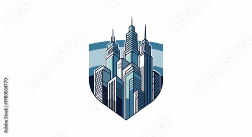 Stylized city skyline within a shield, rendered in blue tones