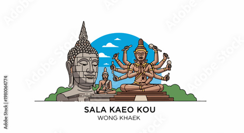 Stylized depiction of Buddhist sculptures and statues outdoors