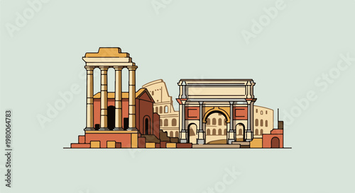 Stylized depiction of ancient Roman architectural landmarks on a muted background