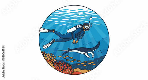 A diver and manta ray glide through sunlit coral reef waters with small fish