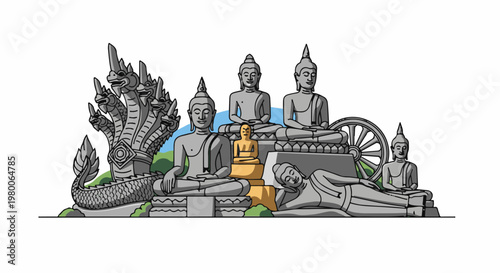 A collection of Buddhist statues and a multi-headed serpent statue