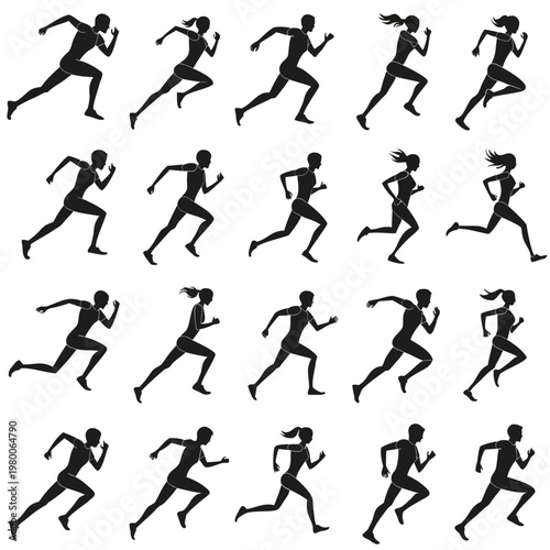 A collection of dynamic silhouettes depicting diverse people actively running and in motion