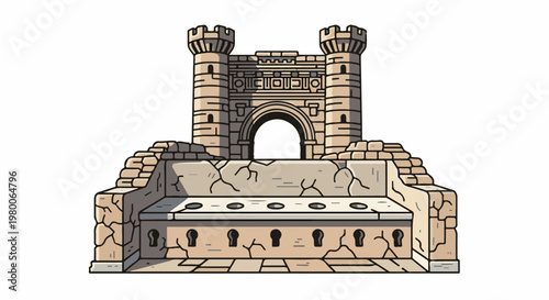 Ancient stone gatehouse with crumbling walls and keyhole shaped openings