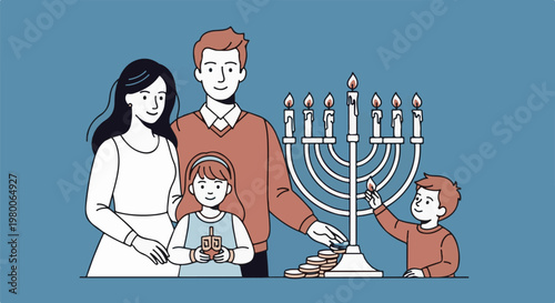 Festive family lights Hanukkah menorah with coins and dreidel