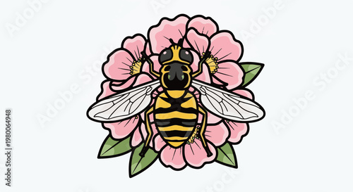 A stylized hoverfly with yellow and black stripes on pink flowers