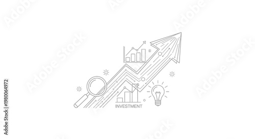 Arrow pointing upward displays the successful growth of a business venture while a magnifying glass examines financial data charts and a bright lightbulb icon represents creative innovation for.