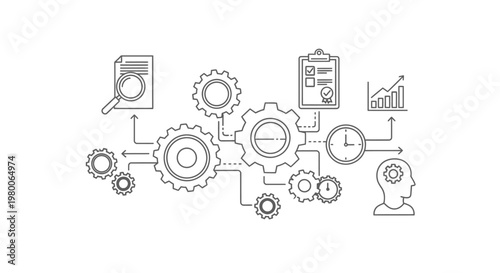 Gears represent a complex workflow process integrated with a magnifying glass over a document, a checklist, a bar chart, a clock, and a human head silhouette to illustrate strategic business planning.
