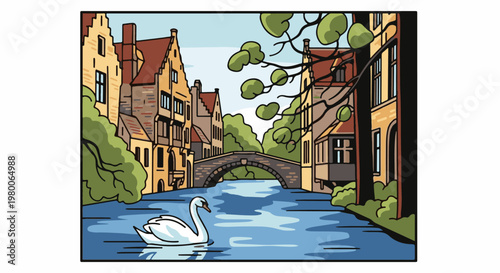 Serene canal scene with historic buildings, a bridge, and a solitary swan